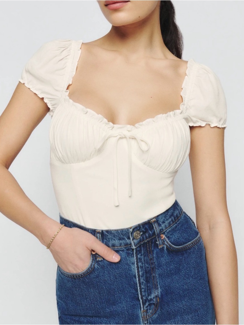Reformation Micaela Ivory Ruched Puff Sleeve Corset Top Size 6